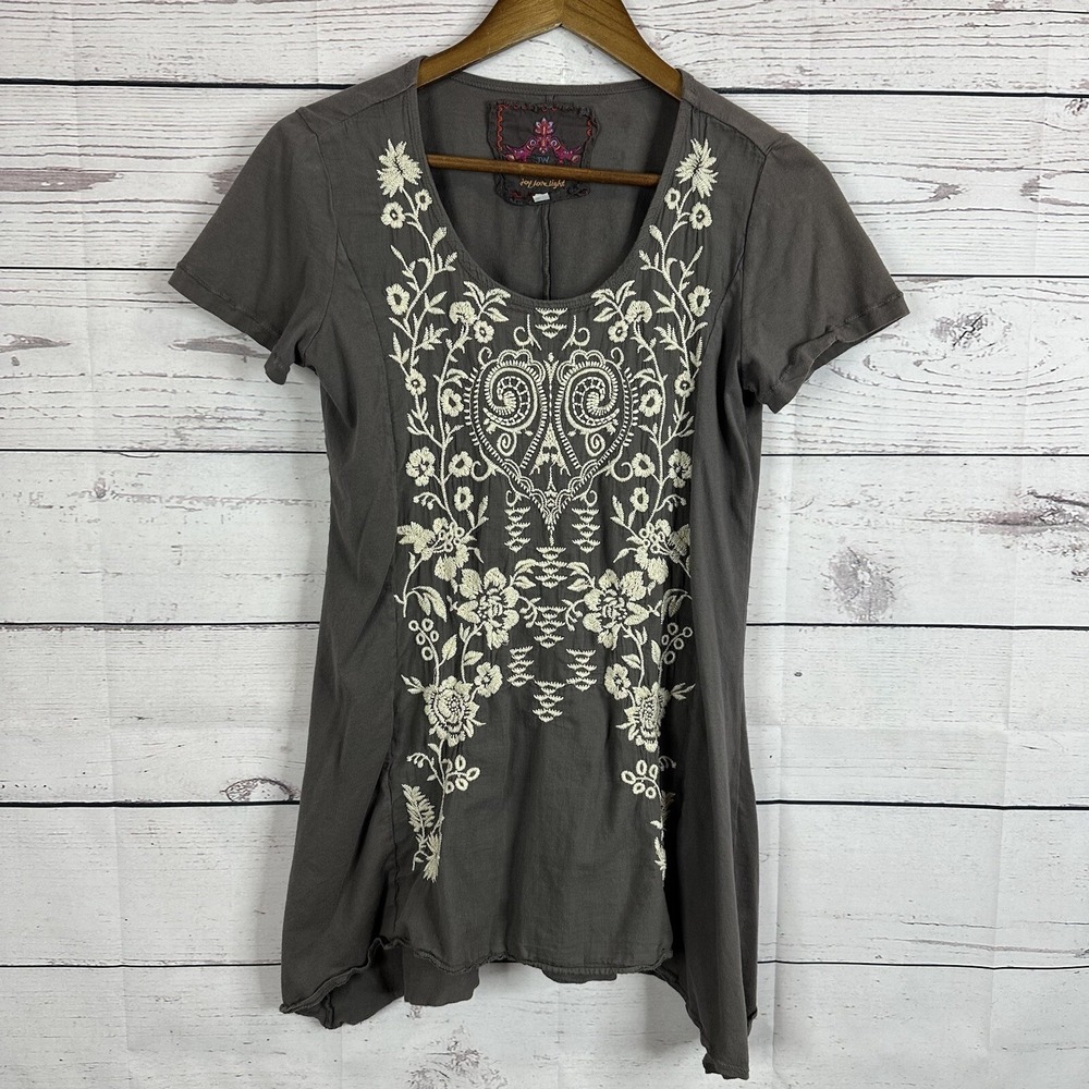 Johnny Was Shirt Top Womens Small Gray Embroidered Floral Boho Tunic Peasant